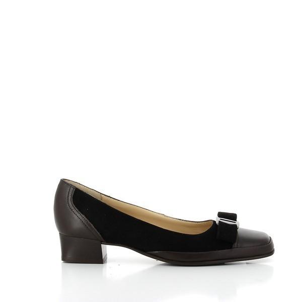 A pair of Amalfi Mambo Black Arabian Pumps are elegantly displayed against a neutral background. The pumps feature a classic black leather upper with a sleek, polished finish. The design is complemented by a subtle 3.5cm heel-platform that adds a touch of sophistication without sacrificing comfort. The leather lining inside is visible, emphasizing the luxurious interior. The durable synthetic sole peeks out from beneath, suggesting stability and long-lasting wear. The image captures the refined elegance and