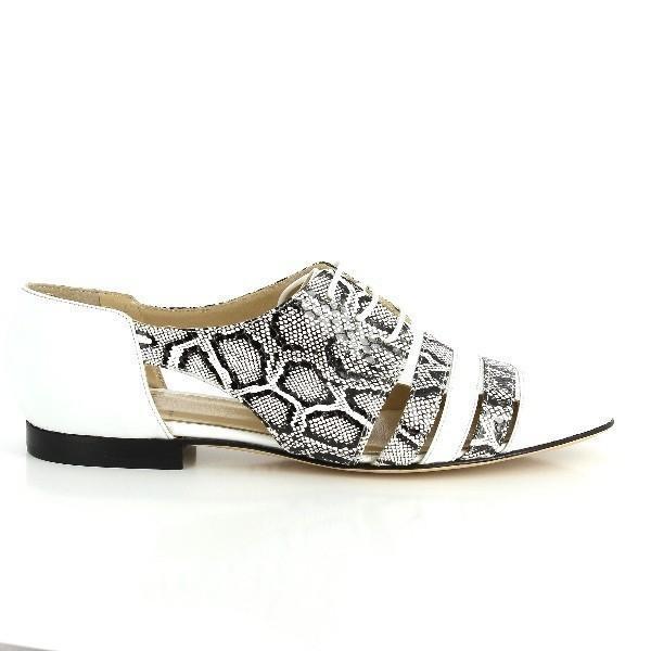 The Amalfi Olbia Black & White Snake Print Women's Shoes are displayed from various angles. The side view highlights the striking black and white snake print on the premium leather upper, complemented by a sleek and modern design. The angle view showcases the subtle 1cm heel-platform and the clean lines of the shoe, while the back view reveals the smooth finish and the minimalistic heel. The inside view features the soft leather lining, emphasizing the comfort and high-quality craftsmanship of these elegant
