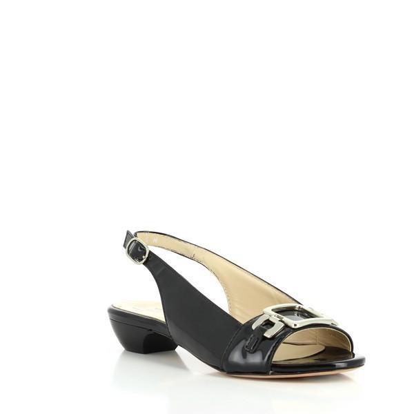 This angle showcases the Amalfi Roma Sandals with a dynamic view, emphasizing the gentle curve of the slingback strap and the subtle heel height of 2.5cm. The black leather upper shines, and the overall elegant silhouette of the sandal is accentuated.