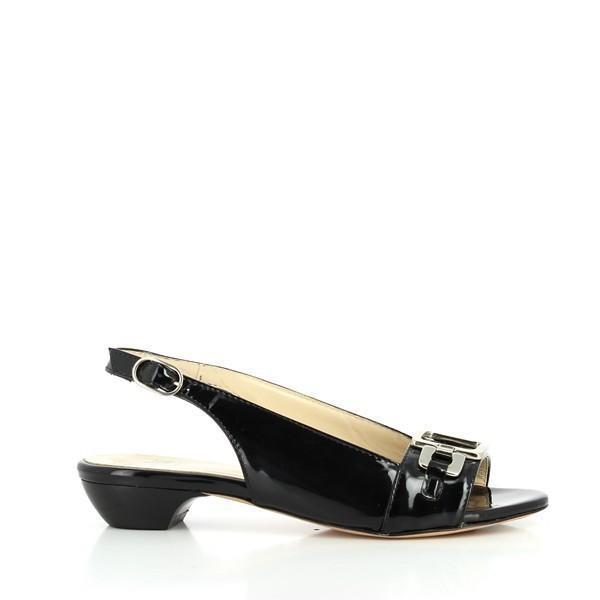 The photo captures the Amalfi Roma Black Slingback Sandals from the side, highlighting the sleek black leather upper and the clean, elegant lines of the design. The sandal’s simple yet sophisticated profile is clearly visible, emphasizing its timeless style.