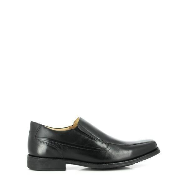 A sleek profile showcasing the smooth black leather upper, with fine stitching detail along the seams. The shoe's square toe design and subtle burnishing add a touch of sophistication, while the slightly raised 2cm heel-platform is visible at the back.