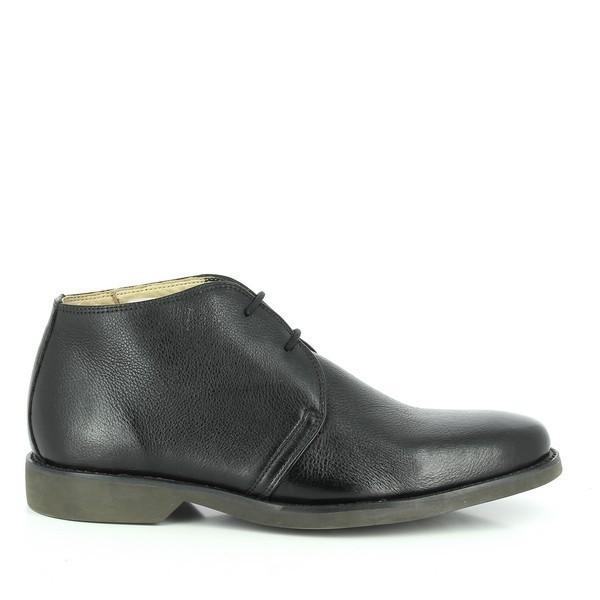 A pair of Anatomic Colorado Black Lace-Up Boots is displayed on a rustic wooden surface. The boots feature smooth, full-grain black leather uppers with a subtle, vintage burnish that highlights the quality of the material. The round toe design adds to the classic look, while the neatly laced front ensures a secure fit. The thick, rubber sole is visible, showcasing the non-slip surface and the soft leather welts. The interior sheepskin lining is slightly revealed, hinting at the luxurious comfort within.