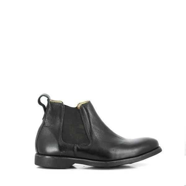 The Anatomic Fabio Black Ankle Boots are shown from the side, highlighting their sleek, rounded toe and smooth full-grain leather upper. The clean lines and elegant design emphasize the boot's sophisticated look.