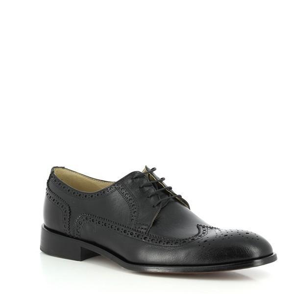 Viewed at an angle, the Anatomic Fernando Black Brogues reveal the depth of their brogue pattern and the fine burnished leather. This perspective emphasizes the shoe's structured silhouette and the 2cm heel, enhancing its formal appeal.