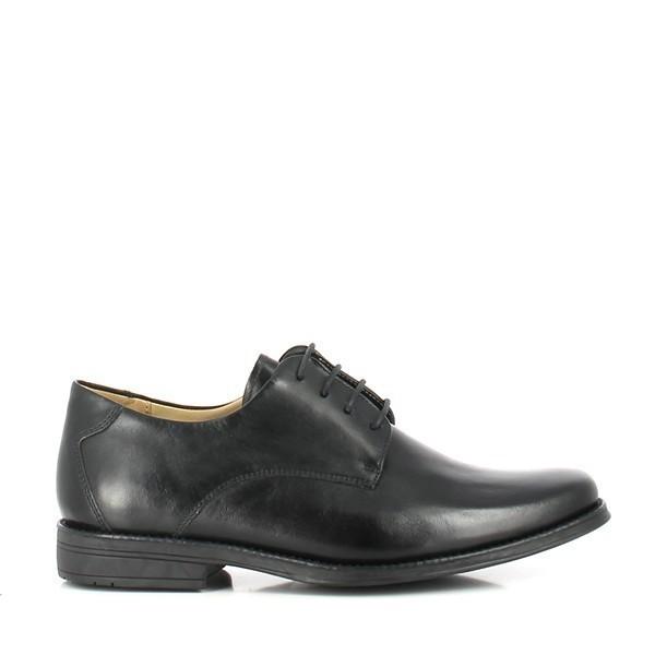  A detailed side view of the Anatomic Leme Black Oxford Shoes, showcasing the sleek, smooth leather upper and refined stitching. The round toe shape and elegant silhouette are clearly visible, highlighting the shoe's classic design.