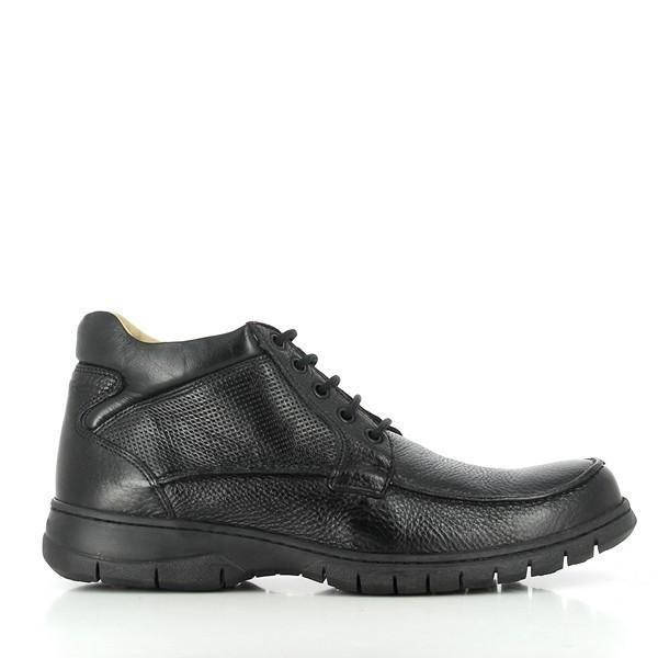 A sleek profile showcasing the smooth black leather upper with clean stitching, highlighting the round toe and low heel design. The subtle sheen of the leather adds a touch of elegance.
