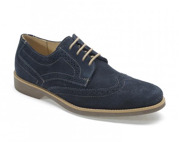 The Anatomic Tucano Navy Brogues are shown from the side, highlighting the sleek, rounded toe and smooth leather upper with classic brogue detailing. The navy color is deep and rich, with a polished finish that accentuates the brogue patterns.