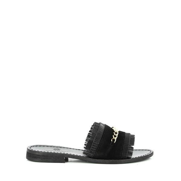 The Antichi Romani 839 Nero Black Slides are elegantly presented from the side, showcasing their sleek silhouette and refined design. The smooth black leather upper glistens softly, highlighting the quality craftsmanship. The minimalist cross-strap design gracefully wraps around the foot, creating a sophisticated look. The rounded toe shape adds to the classic appeal, while the 1.5cm heel-platform height provides a subtle lift, making these slides both stylish and comfortable.