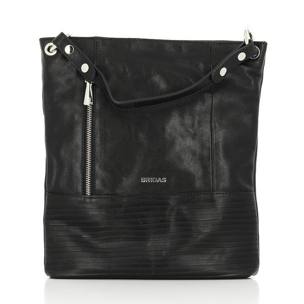 The Bridas 115 Taupe Shoulder Bag showcases a sleek and minimalist design in soft taupe leather. The exterior has a subtle sheen, revealing a smooth texture and fine grain. The bag's adjustable shoulder strap provides versatile wear, while its spacious interior accommodates daily essentials. Close-up shots highlight the artisanal stitching along the edges and delicate metallic accents, capturing the craftsmanship that defines Bridas Bags. 