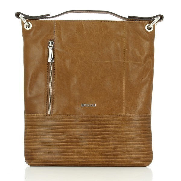 The Bridas 117 Brandy Shoulder Bag features a luxurious design in rich, warm brandy leather that exudes elegance. The bag's exterior is smooth with a subtle sheen, highlighting the fine grain of the leather. The adjustable shoulder strap is stylish yet functional, allowing for comfortable wear. From a side angle, the structured silhouette is apparent, showcasing the bag's spacious design while maintaining a refined appearance. 