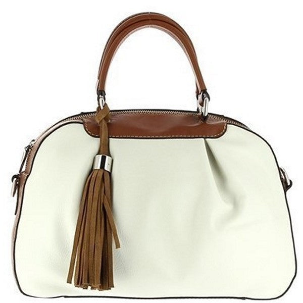 The Bridas 1261 Roca White Leather Handbag is elegantly displayed, showcasing its soft, premium leather exterior with a smooth, refined finish. The handbag features a spacious body, complemented by an adjustable strap for versatile wear. Subtle stitching details add sophistication, while the minimalistic design highlights the bag's timeless appeal. The interior is slightly visible, indicating ample room for essentials, making it an ideal choice for both casual and formal occasions. 
