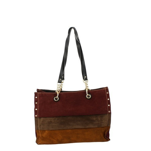 The photo features the Bridas 1920 Wine & Tan Shoulder Bag, elegantly displayed against a soft, neutral background that enhances its rich colors. The bag showcases a luxurious wine-hued leather exterior, complemented by tan accents. Its sleek design features a spacious main compartment and an adjustable strap for versatile wear. Intricate stitching details highlight the craftsmanship, while the warm Mediterranean colors evoke a sense of sophistication and style. 