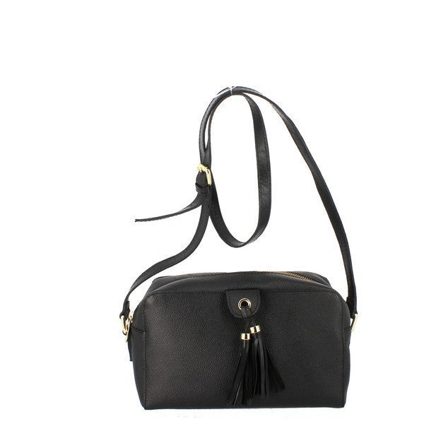 The Bridas 297 Black Crossbody Bag is elegantly displayed against a neutral background, showcasing its sleek silhouette. The bag features a luxurious black leather exterior, emphasizing its premium craftsmanship. The adjustable strap is visible, allowing for versatile wear options. The front of the bag highlights subtle stitching details, adding depth and character to the design. The overall aesthetic is modern and chic, making it an ideal accessory for any outfit. 