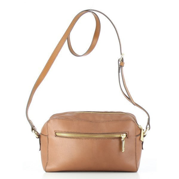 **Photo Description for Bridas 297 Tan Crossbody Bag**:

The Bridas 297 Tan Crossbody Bag is elegantly displayed, showcasing its rich tan leather exterior. The front features a smooth, minimalist design, complemented by subtle stitching that enhances its sophistication. The adjustable strap, which can be worn crossbody or over the shoulder, drapes gracefully alongside the bag. A delicate zipper pocket is visible on the back, adding both functionality and style. 