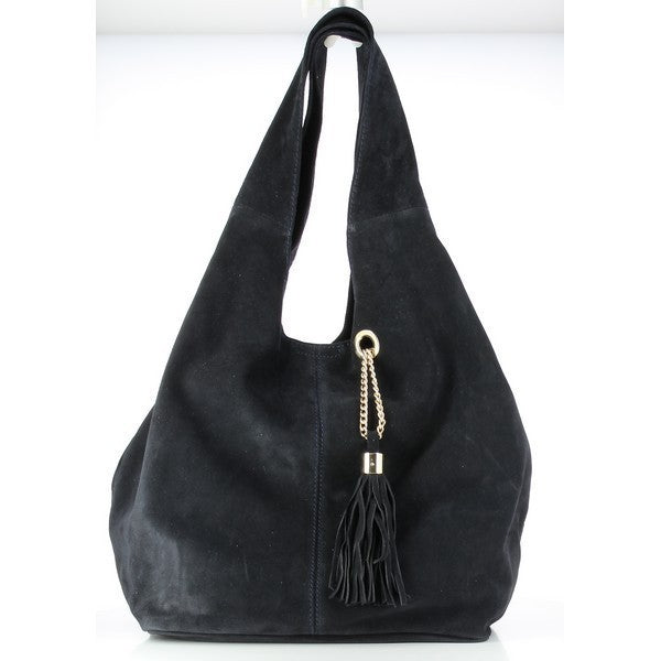 The Bridas 395 Navy Shoulder Bag is showcased from a front angle, highlighting its sleek, rectangular shape and deep navy hue. The bag's premium leather exterior has a smooth, polished finish that captures the light subtly. An adjustable shoulder strap is attached on each side, allowing for versatile wear. The top zipper is slightly open, offering a glimpse into the spacious interior, ideal for daily essentials. 