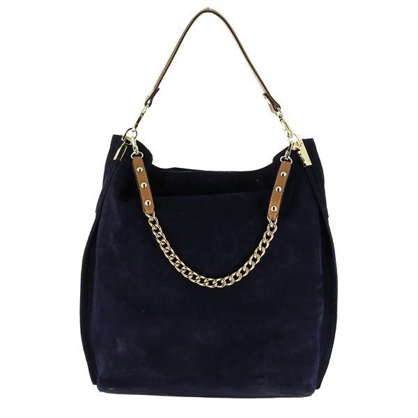 The Bridas 740 Navy Shoulder Bag is displayed against a simple, light background, highlighting its luxurious leather texture and rich navy color. The bag features an elegant gold decorative chain draped along the front, adding a hint of sophistication. Its adjustable shoulder strap is shown extended, showcasing versatility in wear. The spacious, structured body of the bag reveals a refined silhouette, with clean lines and a sturdy base that gives it a timeless appeal. 