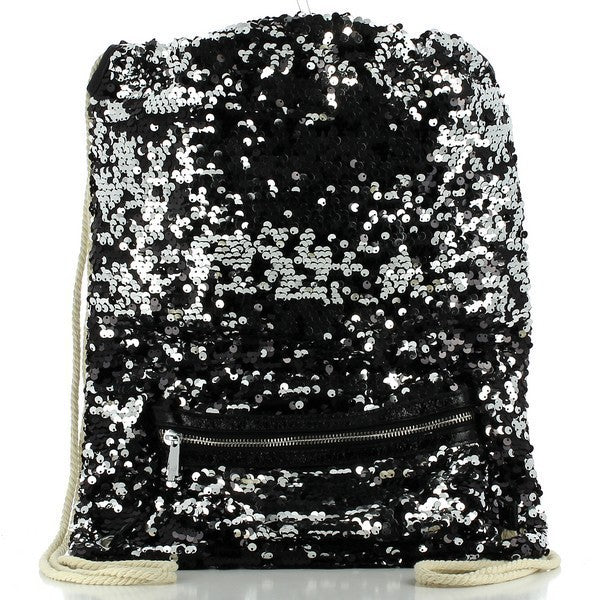 A close-up view of the Cesily 7327 Black Sequin Bag, showcasing the sparkling fabric sequence outer with a zipper on the front. The bag features a sleek and elegant design, perfect for adding a touch of glamour to any outfit. The zipper detail adds both style and practicality, providing secure closure while maintaining its chic look.