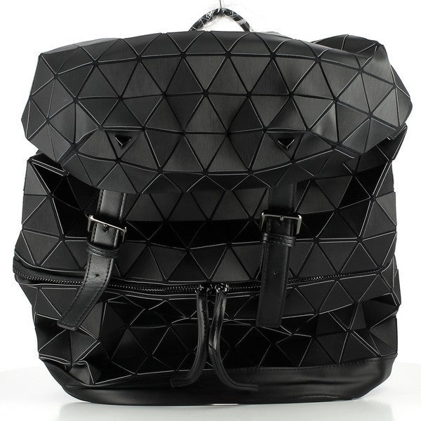 A stylish Cesily D10189 Black Diamond Pattern Backpack, featuring a textured fabric sequence outer with a chic diamond pattern. The backpack includes a convenient strap and a smooth zipper closure. The design is spacious, measuring 41cm in height and 36cm in width, perfect for carrying your essentials in style.