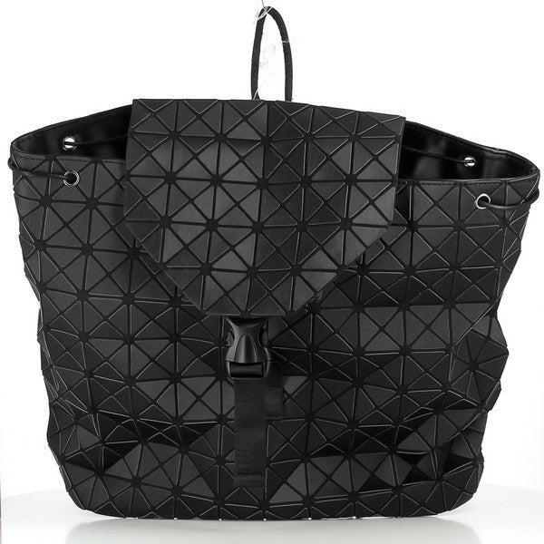 A close-up view of the Cesily R126 Black Diamond Pattern Backpack showcasing its textured fabric outer with a sleek diamond pattern, highlighting the adjustable strap and spacious design. The backpack is elegant, with a refined and modern look, ideal for everyday use.