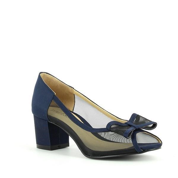 From an angled view, the Dalessi Dansk Blue Heeled Pumps reveal the rounded peep toe and the delicate decorative ribbon, adding a touch of femininity. The sleek design and rich blue color make these heels stand out.