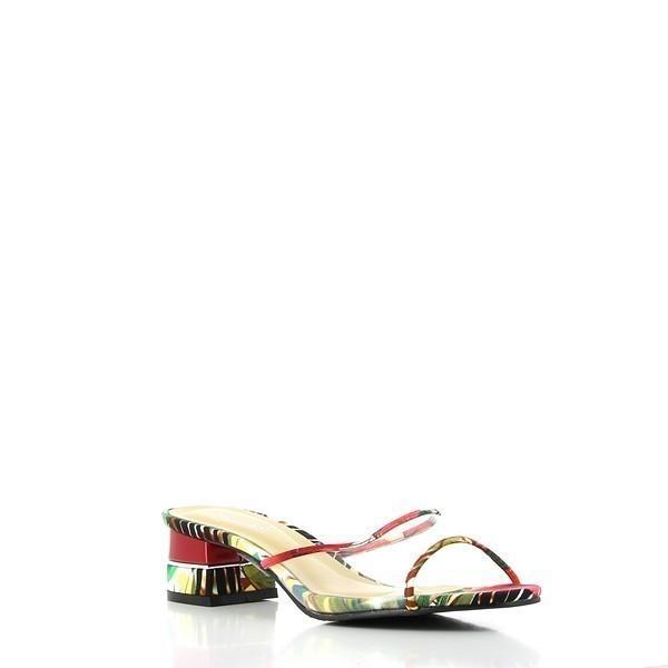 The slide is captured at a slight angle, emphasizing the 5 cm platform heel that provides a subtle lift. The tropical patterns on the straps are clearly visible, offering a chic, island-inspired vibe. The round toe shape is evident, providing a spacious and comfortable fit.