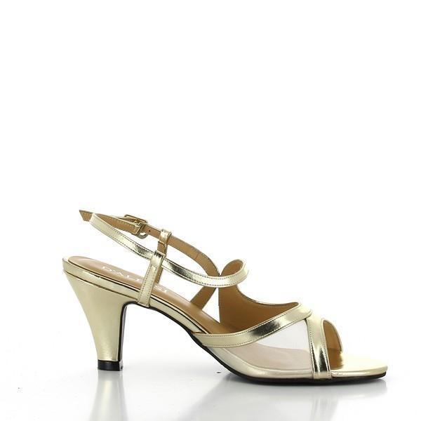 The side of the sandal reveals the synthetic gold upper, complemented by breathable mesh detailing. The 8 cm heel-platform adds a flattering lift, creating an elegant profile.