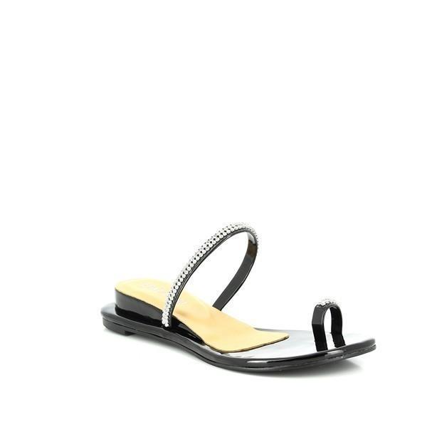 From an angled perspective, the Dalessi Diamond Black Slides show the subtle heel height and smooth leather finish. The thin upper strap with strash catches the light, adding a stylish touch, while the rounded toe and soft lining offer comfort.
