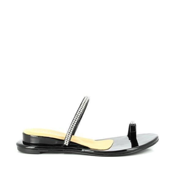 The side view of the Dalessi Diamond Black Slides reveals the sleek black leather upper and the 3cm heel-platform. The thong strap and thin upper strap with strash detail add a touch of elegance, while the rounded toe shape ensures comfort.