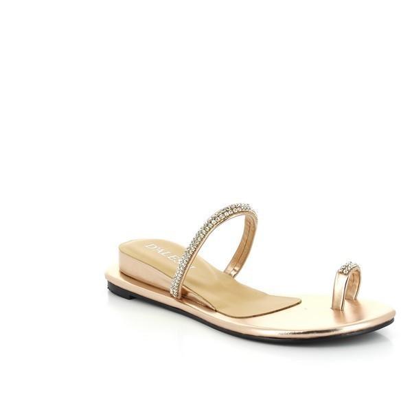 From an angled perspective, the Dalessi Diamond Rose Gold Slides reveal the soft leather lining and the 3cm heel-platform. The thin upper strap with strash detailing reflects light, enhancing the chic and luxurious design of the slides.