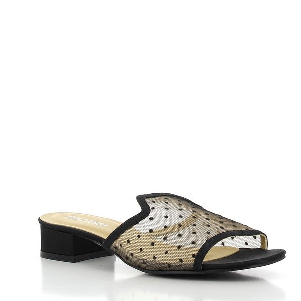 A stylish angle capturing the open-toe design, the mesh upper with its dot pattern, and the smooth transition to the low, supportive platform heel.