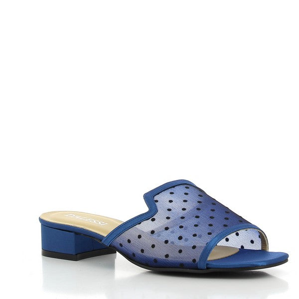The Dalessi Dotti Blue Slide from an angled perspective, highlighting the open-toe design and the soft leather lining, with the dotted mesh upper creating a dynamic look.