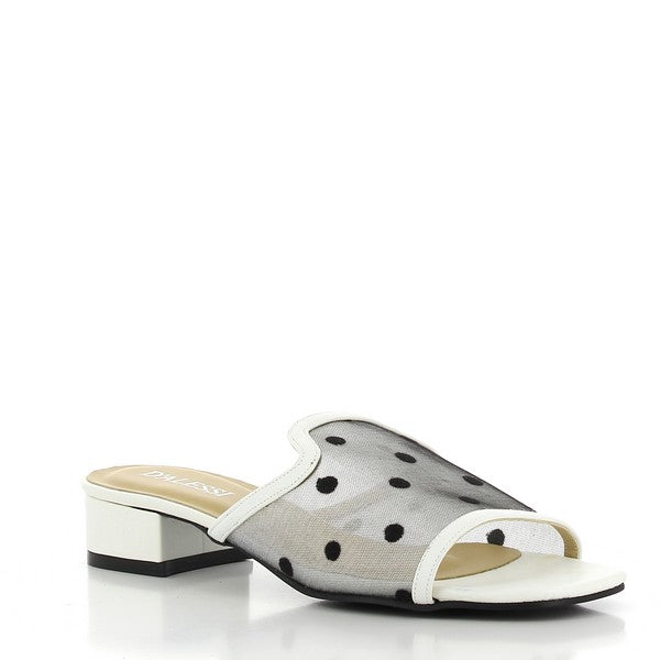 A side angle of the Dalessi Dotti White Slide reveals its stylish open-toe design, accentuated by the rounded toe and sleek lines. The mesh upper, adorned with dots, provides a modern touch, while the synthetic sole ensures durability and support for all-day wear.