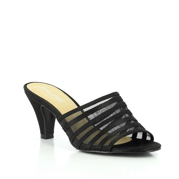 This angled view of the Dalessi Dowling Black Slide captures the subtle curve of the 7cm heel-platform, which adds a stylish lift. The open-toe design and mesh upper are perfectly balanced with the slide’s modern aesthetic, making it ideal for casual or semi-formal occasions.