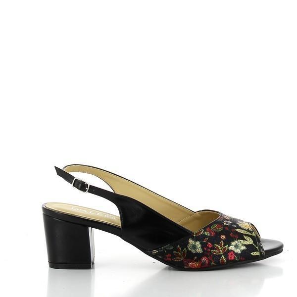 A profile view of the Dalessi Duprey Black Slingback Sandals, showcasing the sleek leather upper and the elegant red floral accents. The classic slingback design is highlighted, while the round toe shape adds a refined touch to the overall look.