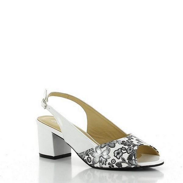 This angle captures the peep-toe design, showcasing the elegant white upper with pewter floral details. The 6 cm heel provides a subtle lift, while the slingback strap ensures a secure and comfortable fit.

