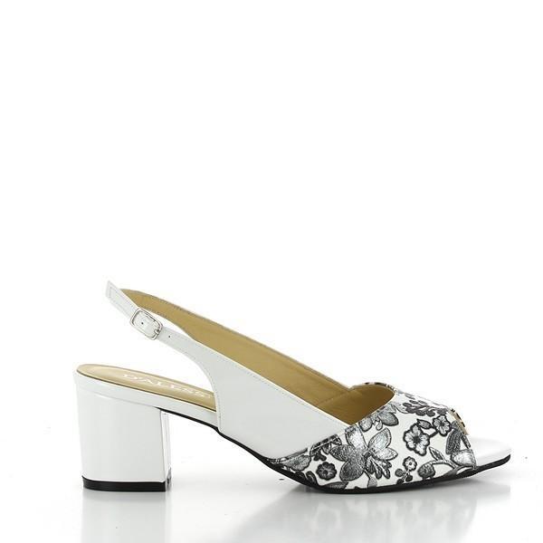 A profile view of the Dalessi Duprey White Slingback Sandals, highlighting the sleek white leather upper adorned with delicate pewter floral accents. The rounded toe shape and slingback strap create a sophisticated, clean silhouette.

