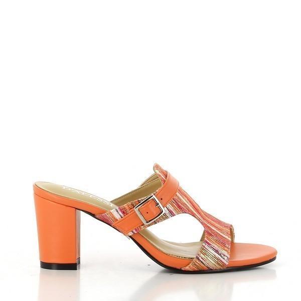 This image captures the sleek and colorful side profile of the Dalessi Pinta Orange & Multi Colour Slides. The multi-color leather upper stands out with its bold design, while the orange heel adds a playful, eye-catching touch. The 7.5 cm heel-platform height is subtly visible, offering a stylish lift without compromising comfort.