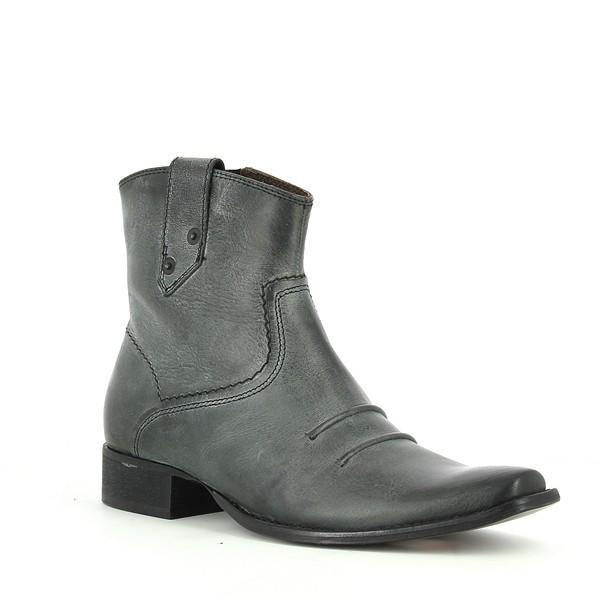 A dynamic angled view showcasing the pointed toe and intricate embroidery, with the slight heel and textured rubber sole visible. The elegant grey leather highlights the boot's craftsmanship.