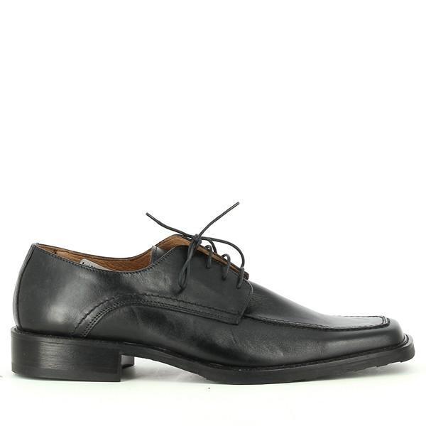 A clear shot of the Enrico Santi 2774 Black Lace-Up Derby Shoes from the side, showcasing the smooth black napa leather, sleek silhouette, and lace-up closure.