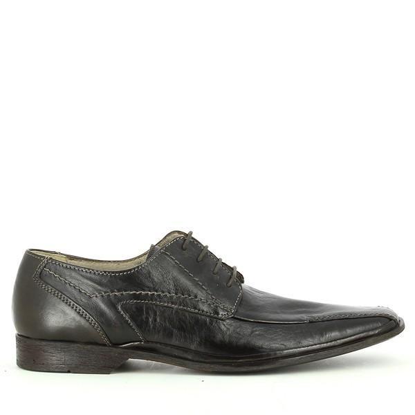 A close-up image showcasing the sleek, polished black leather of the Enrico Santi 5365 Lace-Up Shoes from the side, highlighting the clean lines and classic design.