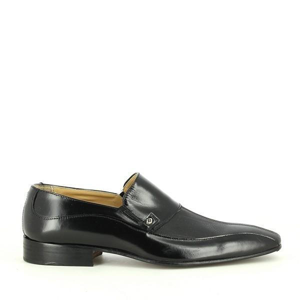 A close-up of the Enrico Santi 6112 Black Driver Shoes, showcasing the smooth leather exterior and sleek, clean lines of the closed-toe design.