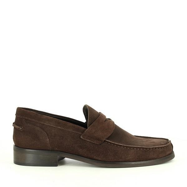 A clear side profile of the Enrico Santi 87 Brown Moccasin, showcasing its smooth suede leather upper, closed-toe design, and simple, elegant silhouette.