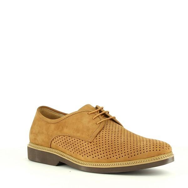 The Enrico Santi HK-10548-8-A1 Tan Lace-Up Shoe from a slight side angle, highlighting the soft texture of the calfskin material and the smooth, clean lines of the design. The flexible rubber sole is visible, adding to its casual yet refined appearance.
