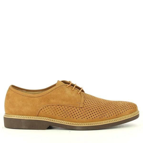 A close-up of the Enrico Santi HK-10548-8-A1 Tan Lace-Up Shoe showcasing its sleek, smooth calfskin and nubuck exterior. The lace-up design and rounded toe create a timeless and sophisticated look. The light rubber sole offers a subtle, clean finish.