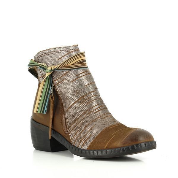 This angled view of the Felmini 1017 Tan Ankle Boots emphasizes the elegant curve of the boot’s silhouette, with the decorative fringe and gold accents adding a distinctive touch. The 6cm heel provides a slight lift, while the smooth leather upper contours to the shape of the foot, making it both fashionable and comfortable.