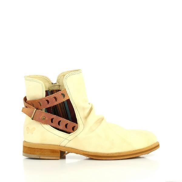 A side view of the Felmini 8681 Desert Beige Ankle Boots, showcasing the sleek leather upper, subtle round toe, and decorative brown straps with golden buckles for a chic finish.