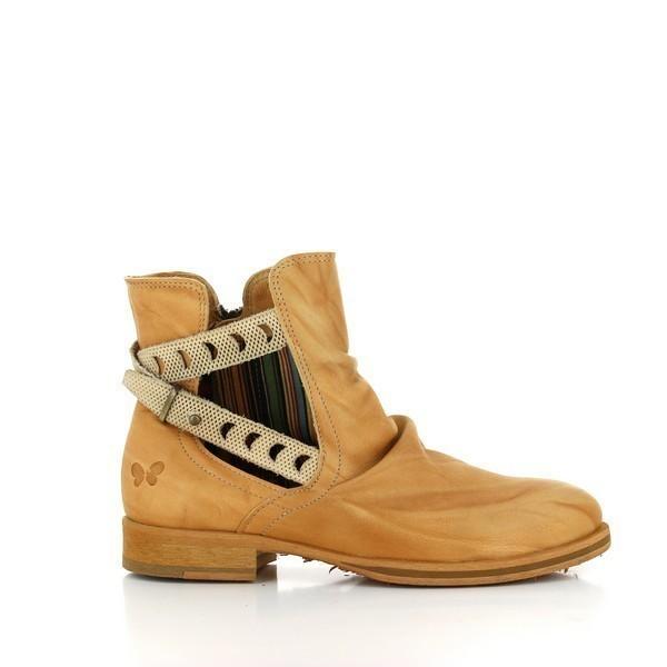 A side profile of the Felmini 8681 Tan Ankle Boots showcasing the smooth tan leather upper, decorative straps wrapping elegantly around the ankle, and the round-toe silhouette. The 2 cm heel and synthetic sole add a subtle lift to the design.