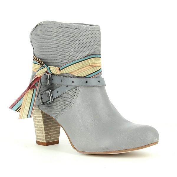 A slightly angled view of the Felmini 8773 Grey Ankle Boots, highlighting the elegant curves of the boot and the decorative ankle straps. The 5cm heel is visible from this angle, offering a hint of modern style while maintaining classic appeal.