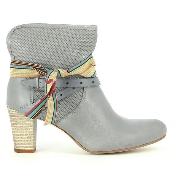A clean side profile of the Felmini 8773 Grey Ankle Boots, showcasing the smooth leather upper, decorative ankle straps, and the rounded toe design. The 5cm heel adds a subtle lift to the overall sleek silhouette.