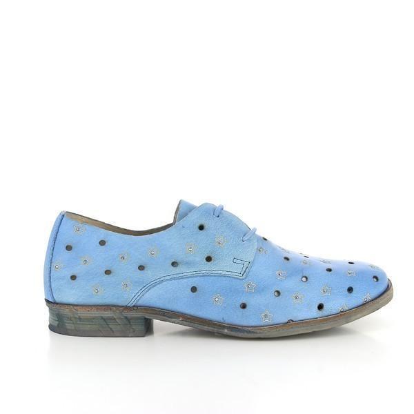 The side view of the Felmini A014 Light Blue Lace-Up Shoes showcases the sleek and smooth leather upper, adorned with decorative die-cut dots for a unique, modern touch. The rounded toe and low 1cm heel complete the stylish yet comfortable design.